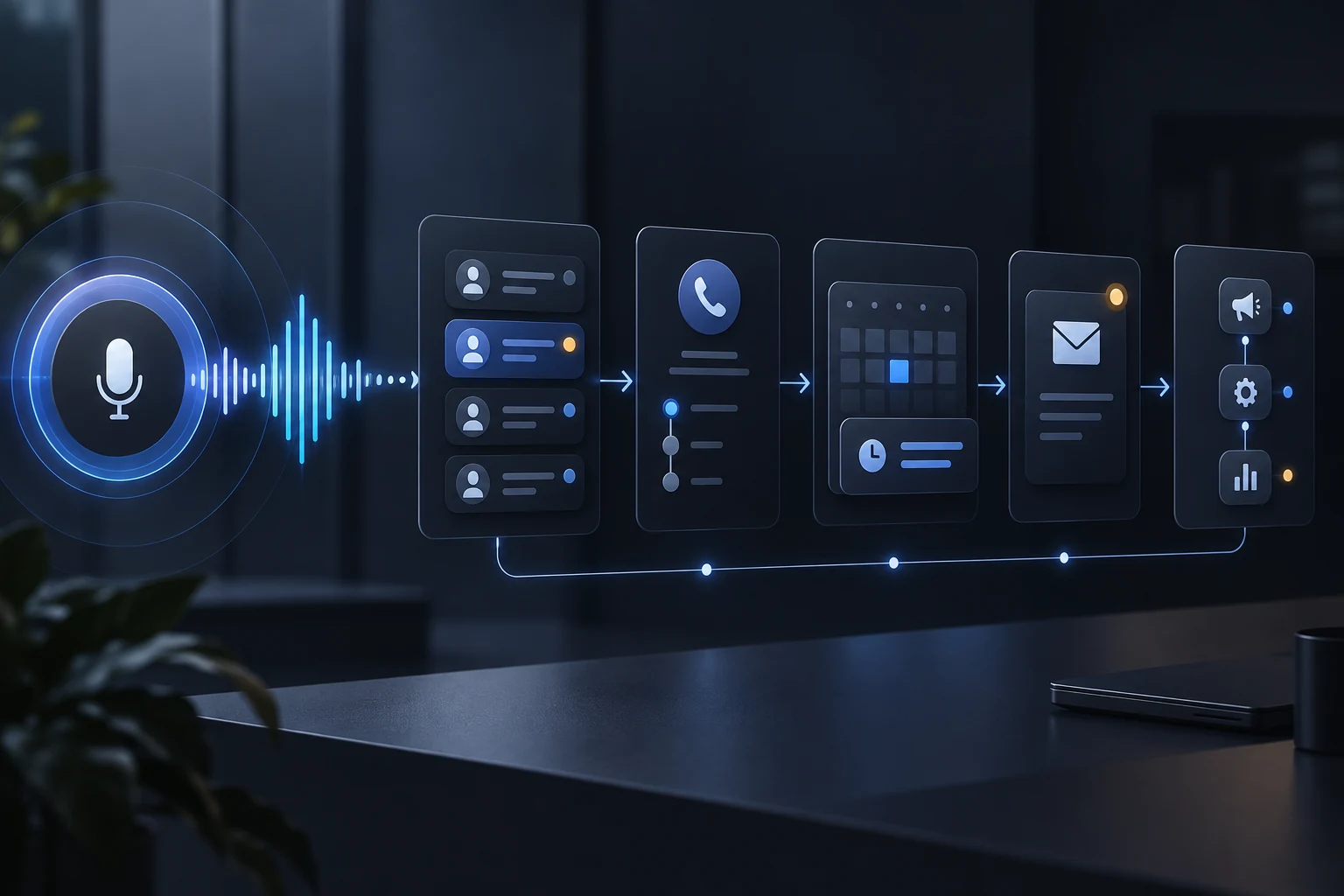 Voice automation workflow connecting outreach, scheduling, email follow-up, and campaign processing