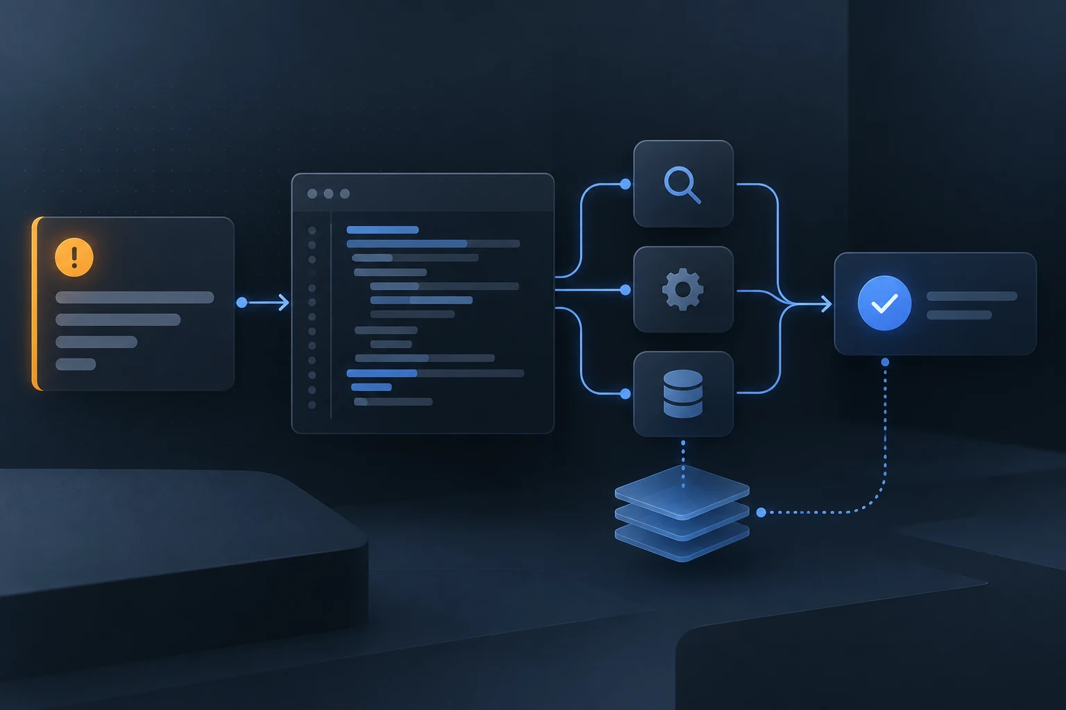 AI bug analysis workflow connecting an issue, code context, tools, retrieval, and resolution
