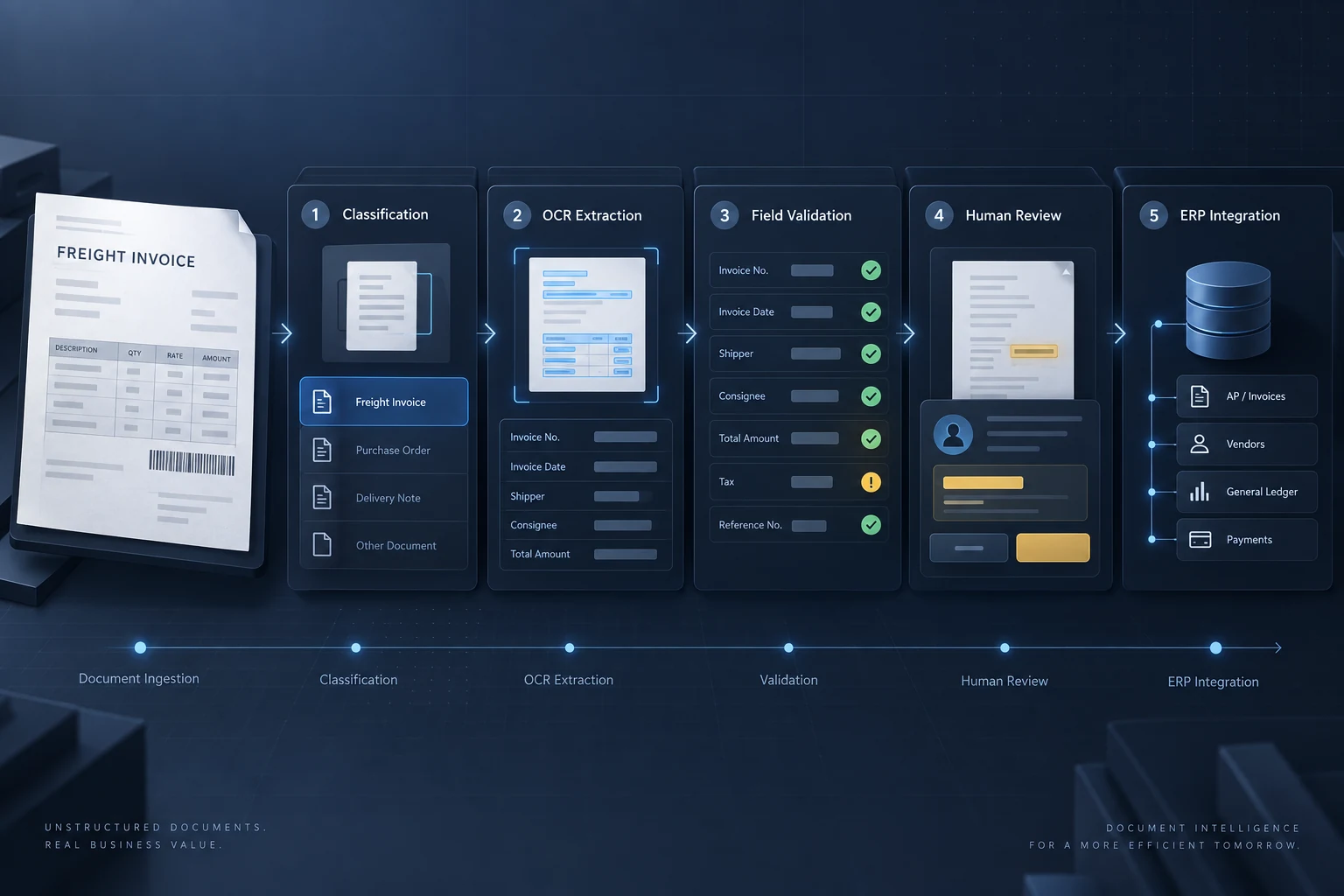Freight invoice moving through classification, extraction, validation, review, and ERP integration